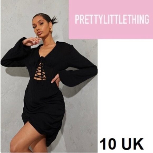 Prettylittlething, Lace Up Detail Bodycon Dress in Black. Size: 6 (US). NWT - Picture 2 of 13